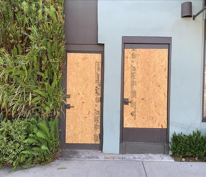 A commercial property boarded up